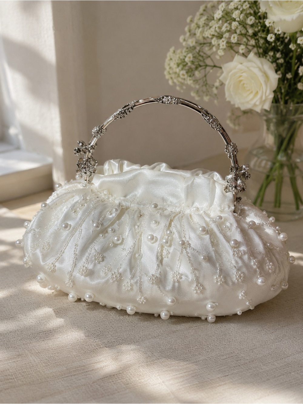 Mariell Bridal Pearl Beaded Satin Clutch Jeweled Handle Wedding Purse